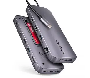 Axagon HMC-12GM2, koncentrator USB 10 Gb/s, 3x USB-A, USB-C, HDMI i DP 4K/60 Hz, RJ-45, M.2, SD/mSD, audio, PD 100 W, kabel 50 cm