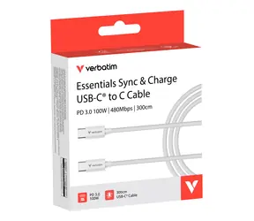 Verbatim Essentials Sync & Charge biały / Kabel USB-C / USB-C do USB-C / 100 W / 3 m