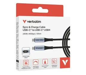 Verbatim Sync & Charge czarny / Kabel USB-C do USB-C / 240 W / 40 Gbit/s / 120 cm / Wyświetlacz LED
