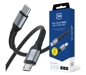 Kabel Hyper 3mk N-SERIES USB-C do Micro 1m 5V/2A 10W czarny / Kabel do transmisji danych / QC 3.0 / oplot nylonowy