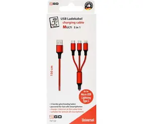 Kabel ładujący 2GO 3w1 czerwony / USB-A - USB-C / Micro-USB / Lightning / 1,5 m / nylonowy / 3 A