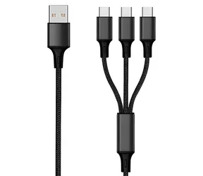 Kabel ładujący 2GO USB 3w1 Nylon czarny / 3× USB-C / 1,5 m / 3 A