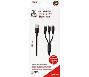 Kabel ładujący 2GO 3w1 czarny / USB-A - USB-C / Micro-USB / Lightning / 1,5 m / nylonowy / 3 A