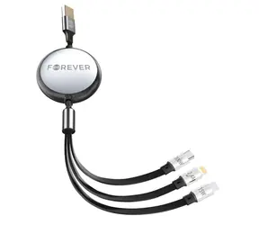Kabel Forever 3 w 1 zwijany, czarny / Kabel ładujący / USB-A + 2× USB-C + Lightning / 1,2 m / 100 W