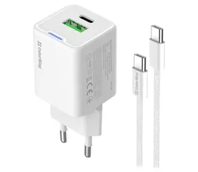 Ładowarka sieciowa Colorway GaN biała / Adapter ładujący + kabel USB-C / 20 W / USB-C PD PPS / USB-A