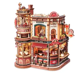 Drewniana układanka Robotime 3D Coffee Factory / Pudełko do gry / 593 elementy / wiek 14+ / Oświetlenie LED / USB-C
