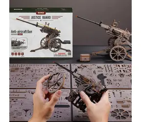 Działo przeciwlotnicze Robotime / Drewniana układanka mechaniczna 3D / 133 elementy / średni poziom trudności / od 14 lat