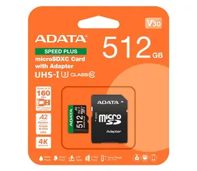 Karta ADATA Speed PLUS / Micro SDXC / 512 GB / UHS-I U3 / Klasa 10 / odczyt: 180 MB/s / zapis: 160 MB/s