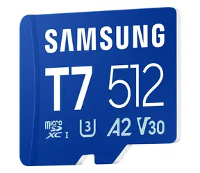 Samsung T7 niebieski / karta pamięci microSDXC / 512 GB / UHS-I U3 / klasa 10, V30, A2 / odczyt: 170 MB/s / zapis: 30 MB/s