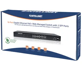 Przełącznik Intellinet 16x GE PoE+ zarządzany przez sieć 2 porty SFP / przełącznik / 16 Port / 1000 Mb/s / 16x PoE+ / 2x SFP / 19"