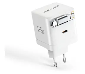 RealPower GaN 65W biały / ładowarka sieciowa / 2x USB-C / wbudowany kabel / PD