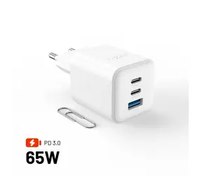 FIXED Mini GaN z wyjściem 2xUSB-C i USB, obsługa PD 65W, biały