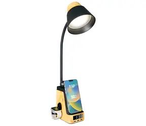 Immax Ideal jasne drewno, czarny / Lampa stołowa LED / Ładowanie Qi / CCT / 8 W / 800 lm / Budzik