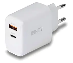 Ładowarka Lindy GaN 65W biała / Ładowarka sieciowa / 1x USB-C / 1x USB-A / PD 3.0 / PPS