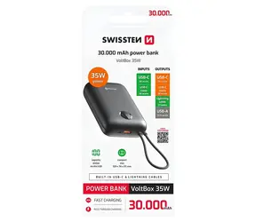 Swissten VOLTBOX 30000 mAh czarny / Powerbank ze zintegrowanymi kablami / 35 W / USB-C i Lightning