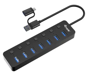 Equip: 7 Port / koncentrator USB / 7x USB-A 3.2 Gen 1 / 5 Gb/s / zasilacz / adapter USB-C