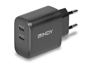 Lindy GaN 65W czarny / Ładowarka / 2x USB-C / Power Delivery 3.0 / GaN
