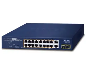 Przełącznik Planet PoE 16- Port GE 802.3at / Przełącznik / Niezarządzany / 2x GE + 2x SFP uplink / 185 W / do montażu w szafie 19"