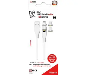 2GO biały / kabel ładujący 3w1 / USB-A do USB-C, Micro-USB, Lightning / złącze magnetyczne / 1 m