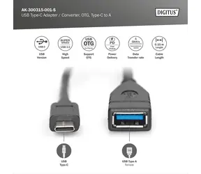 Kabel Digitus USB-C do USB-A czarny / Kabel do transmisji danych / USB 3.0 / 1 m / 3 A / 5 Gb/s