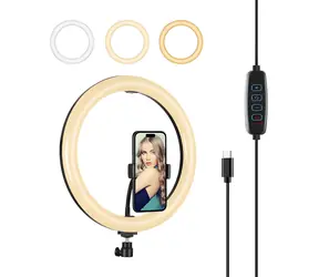 Lampa pierścieniowa LED Puluz / Lampa pierścieniowa z uchwytem na telefon / 3 kolory światła / USB-C / Kabel 2 m