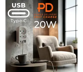 Maclean MCE249 biały / Rozdzielacz gniazdowy z USB / 2x gniazdo / 2x USB-A / 2x USB-C PD 20W