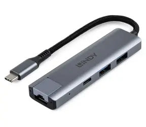 Hub Lindy USB-C z LAN szary / Hub / USB 3.2 Gen 2 / 2x USB-A / RJ45