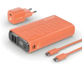 RealPower PB-20000 pomarańczowy / Powerbank 20000 mAh / Zestaw / 2x USB-A / USB-C / Wyświetlacz LED