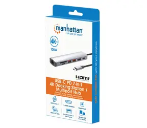 Stacja dokująca Manhattan 7 w 1 srebrna / Stacja dokująca / USB-C / HDMI 4K 60 Hz / USB-A 3.2 Gen2 / PD 100 W