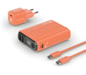 Zestaw RealPower PB-10000 pomarańczowy / Powerbank 10000 mAh / Wyświetlacz LED / USB-C PD / 22,5 W / w zestawie ładowarka i kabel