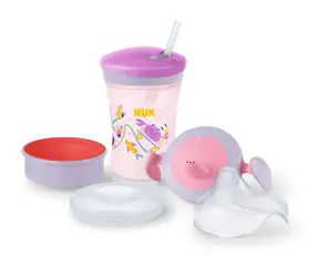 Zestaw do picia NUK z nakładkami 230 ml fioletowo-różowy / od 6 miesięcy / 3 nakładki / bez BPA