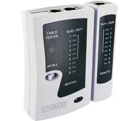 Tester kabli Schwaiger RJ45/RJ11 biały / Tester kabli / RJ-45 i RJ-11 / Wskaźnik LED