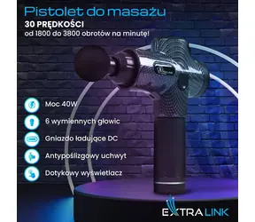 Extralink Massage Gun Pro czarny / Pistolet do masażu / 30 prędkości / 6 głowic / do 3800 obr./min / 2500 mAh