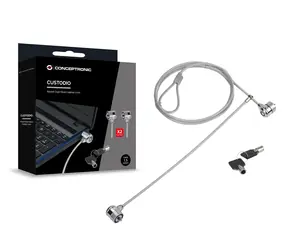 Blokada kablowa do laptopa Conceptronic z podwójnym zamkiem / Blokada kablowa / 1,5 m / średnica 4 mm / 2 klucze / srebrna