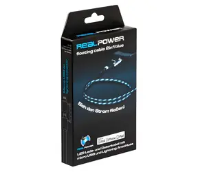 Kabel USB RealPower 2w1 LED niebieski / Kabel do transmisji danych i ładowania / USB-A - microUSB i Lightning / 0,75 m