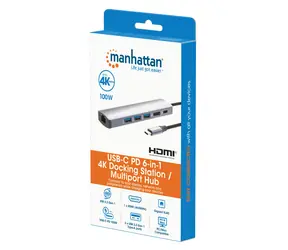 Stacja dokująca Manhattan USB-C 6w1 srebrna / Stacja dokująca / 1x HDMI 4K/60Hz / Gigabit LAN / PD 100W
