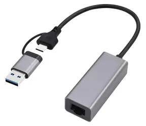 Gembird A-USB3AC-LAN-01 szary / Karta sieciowa gigabitowa / 1x LAN / USB-A + USB-C / USB 3.1