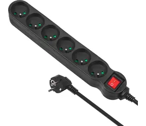 Maclean MCE225 czarny / Przedłużacz / 6 gniazd typu F / 1,5 m / 2300 W / włącznik/wyłącznik