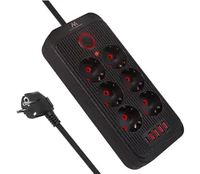 Maclean MCE389 B czarny / Przedłużacz / 6 gniazd / 4X USB-A / 1x USB-C / 2500 W / 1,5 m