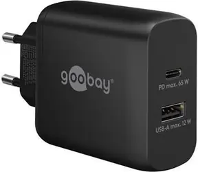 Goobay podwójna szybka ładowarka USB-C GaN 65W czarna / Ładowarka sieciowa / USB-C PD / 1x USB-A / 65W