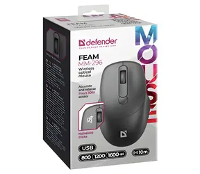 Defender FEAM MM-296 czarny / Bezprzewodowa mysz optyczna / 1600 DPI / 10 m / 2,4 GHz