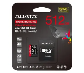 Karta pamięci ADATA High Endurance 512 GB / microSDXC / UHS-I U3 / odczyt 100 MB/s / zapis 85 MB/s / adapter