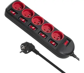 Maclean MCE204 czarny, czerwony / Przedłużacz / 5x gniazdo typu F / włącznik / 250V/10A / 1,5 m