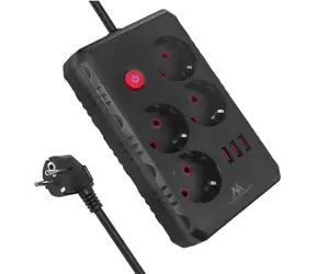 Maclean MCE393 B czarny / Listwa zasilająca / 4 gniazda / 3x USB-A / 3 m / z wyłącznikiem / 2500 W