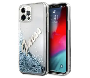 Guess GUHCP12LGLVSBL iPhone 12 Pro Max niebieski / Etui / Brokatowy napis vintage / Twarda obudowa