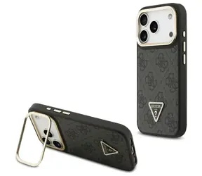 Stojak Guess 4G z trójkątnym Logo i kamerą, czarny / Tylna obudowa / MagSafe / Skóra PU / iPhone 17 Pro