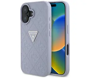 Guess Hot Stamp 4G Wzór fioletowy / Tylna obudowa / iPhone 16 / Trójkątne metalowe Logo