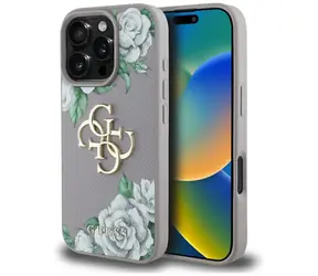 Guess Grained Roses Big 4G Logo fioletowy / Tylna obudowa / iPhone 16 Pro