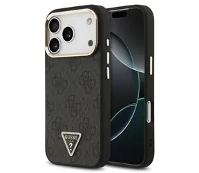 Guess PU Leather 4G Strass Triangle Logo Gold Frame czarny / Tylna obudowa / MagSafe / iPhone 18 Pro
