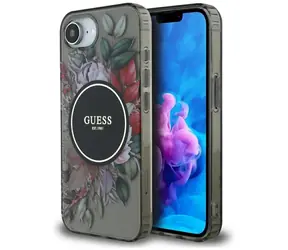 Guess IML Flowers MagSafe czarny / Tylna obudowa / do iPhone'a 16e